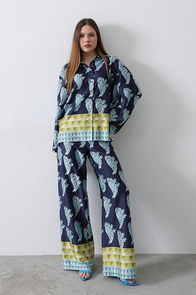 modaserdem Patterned Satin Loose Set - Indigo