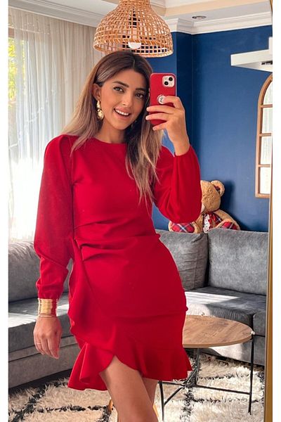 modaserdem Rochie mini pentru damă, cu mânecă lungă, cu decolteu și volan, din material crepon importat