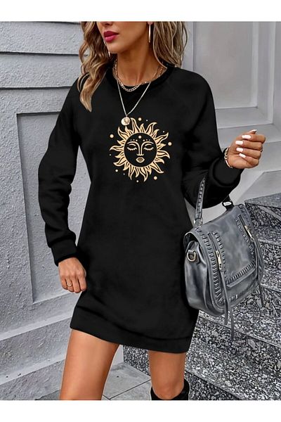 modaserdem Rochie de damă cu mânecă lungă, cu decolteu, cu imprimeu solar, din viscoză, cu două fire