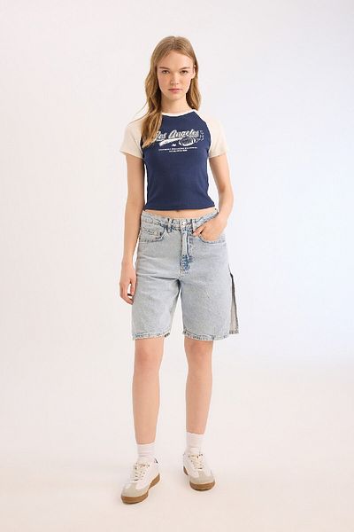 DeFacto Crew Neck Printed Ribbed Camisole T-Shirt - Short Sleeve E0656Ax25Sm