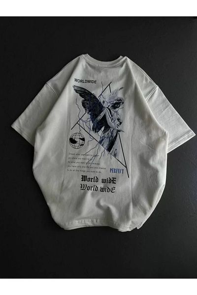 modaserdem Λευκό μπλουζάκι Unisex Oversize με στάμπα με λαιμόκοψη