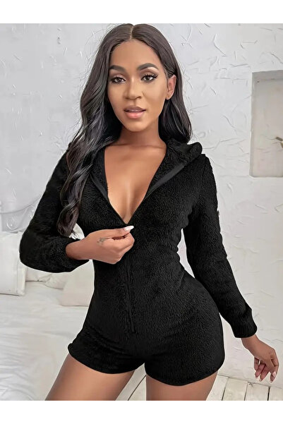 modaserdem Kadın Uzun Kollu Kapişon Ve Fermuar Detaylı Peluş şort Tulum