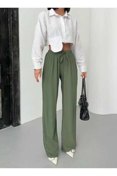 aytenli Pantaloni Palazzo din țesătură căpșuni, cu talie înaltă, cu picior lat, cu șireturi, cu buzunare elastice în talie