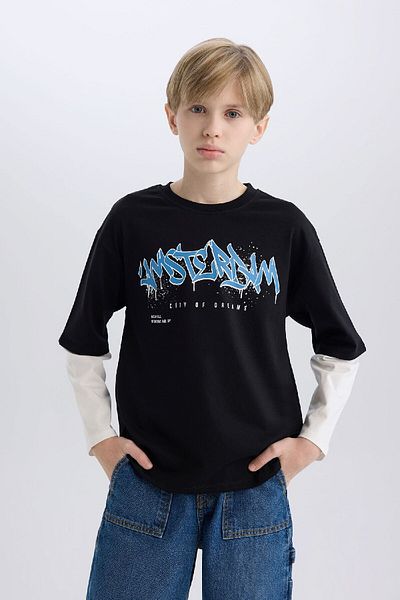 DeFacto Tricou cu mânecă lungă imprimat cu gâtul turn pentru băiat, supradimensionat, cu croiala largă D7701A825SP