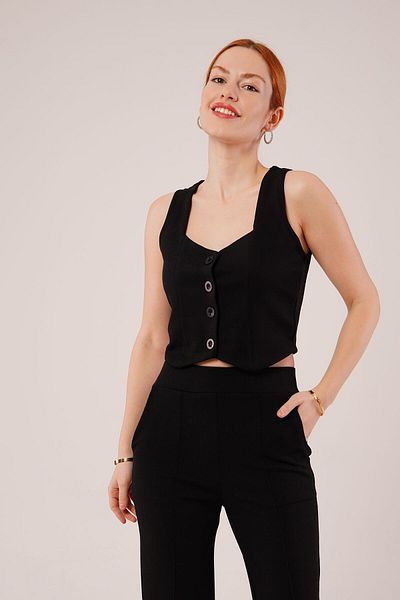 modaserdem Thick Strap Buttoned Vest and Trousers Black Set