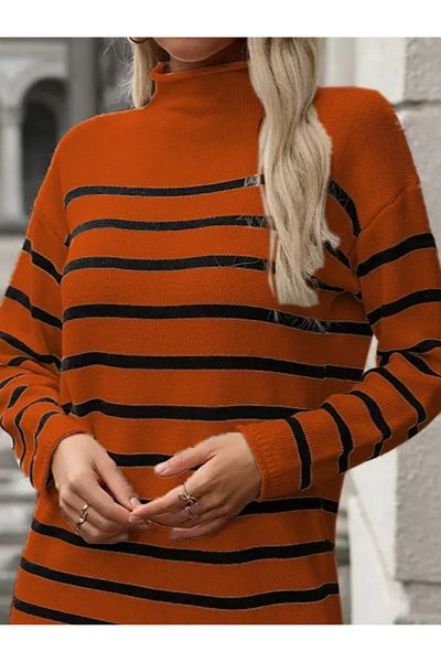 modaserdem Rochie de damă cu mânecă lungă, pe jumătate, cu gât țesut în dungi, mini rochie (fără curea)