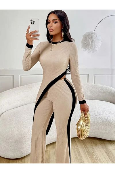 modaserdem Women's Long Sleeve Crew Neck Asymmetrical Cutout Blouse Hoodie Camisole Blouse and Pants Ik
