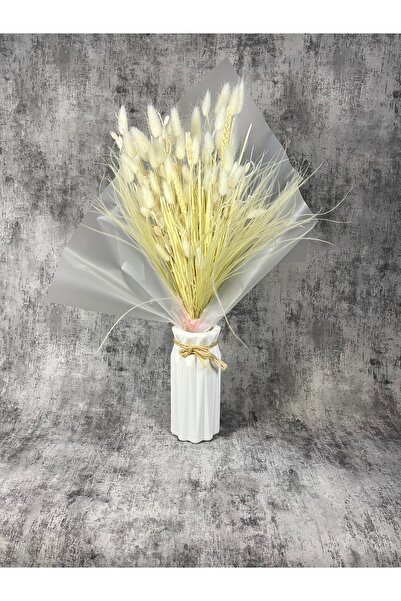Goya Home Pure Soft Krem Renkli Karışık Kuru Çiçek Aranjmanı Gelin Buketi Vazo Çiçeği