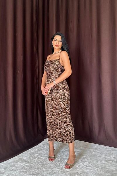modaserdem Leopard Print Satin Dress with Leopard Back Detail