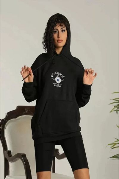 modaserdem Φούτερ με κουκούλα Three Thread Unisex Oversize - Μαύρο εμπριμέ
