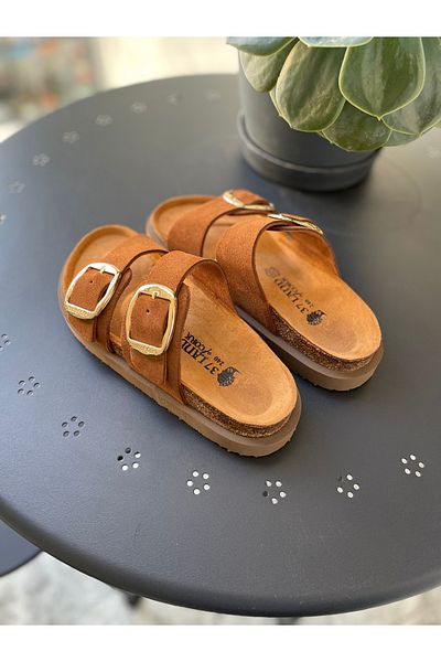 Land of Cork Anatomical Women's Big Buckle Natural Cork Sole Suede Leather Slippers