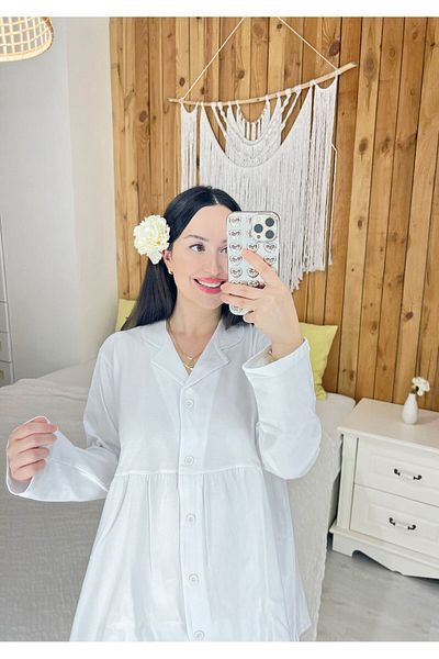 ByGamzeArman White Color Long Arm Combed Cotton Fabric Maternity Puerperium Pajamas Set