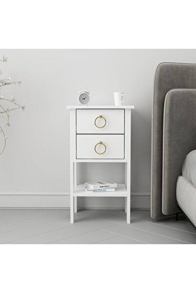 Home Luvia Çift Çekmeceli Beyaz Gold Kulp Komodin