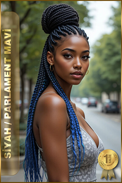 TAM TARZ Afrika Örgüsü Ve Rasta İçin Sentetik Saç - 2 Renkli / Siyah-Parlament Mavi