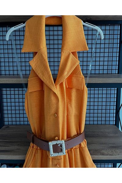Favori Ewas Design Midi Length Jacket Collar Belted Women's Dress