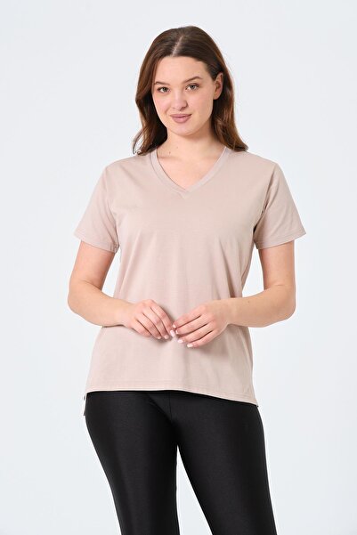 BUSA Oversize kroj Bež majica kratkih rukava sa V-izrezom