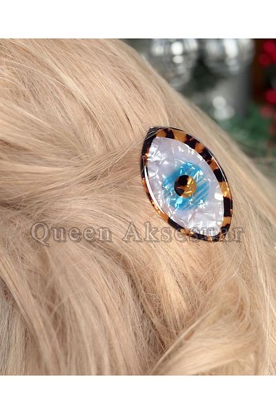 QUEEN AKSESUAR Luxury Bone Eye Evil Eye Bead Designed Pearlescent Leopard Patterned Clip Hair Clip Brown