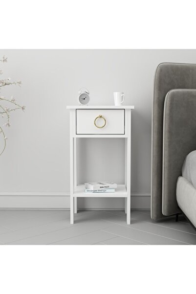 Home Luvia Tek Çekmeceli Beyaz Gold Kulp Komodin