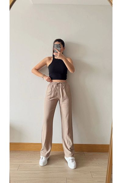 Zoom Butik Strawberry Fabric Relax Pants - Beige