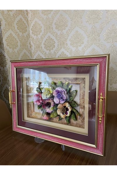 Mareluxe 3D Rölyef El Yapımı Çay Tepsisi, Çiçek Figürlü Rölyef Tepsi, 3D Relief Table, 45x35 cm Rölyef Tablo