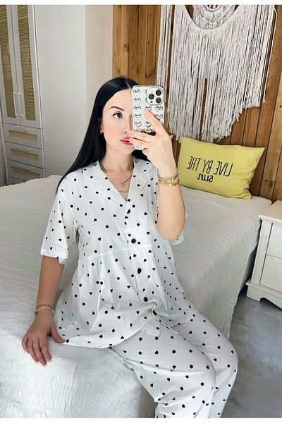 ByGamzeArman White Color Minnak Heart Pattern Short Sleeve Maternity Puerperium Pajamas Set