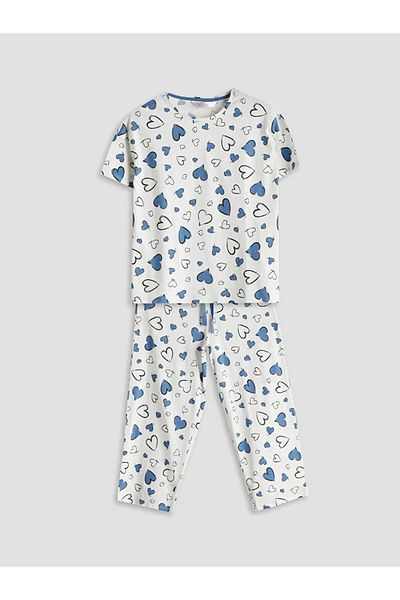 LC Waikiki LCW DREAM Ecru Capri-Pyjama-Set für Damen mit Rundhalsausschnitt und Muster
