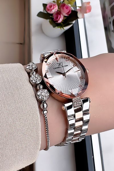 Daniel Klein Women's Rose Silver Color Wristwatch with Waterproof Oval Case and Gift Bracelet