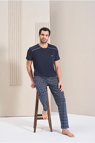 Over Sleep by Poleren Σετ ανδρικές πιτζάμες με κοντό μανίκι με τρία κουμπιά σε μπλε ναυτικό χρώμα