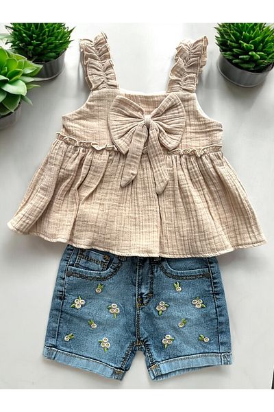 WONDRESS BABY Ruffle Strap Blouse, Girls' 2-Piece Set with Denim Shorts