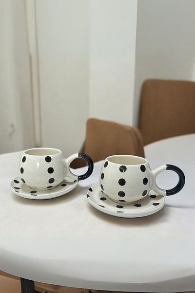Seyese Handmade Polka Dot Ceramic Cup Set, Luxury Ceramic Cup Set, 190ml Polka Dot Cup Set
