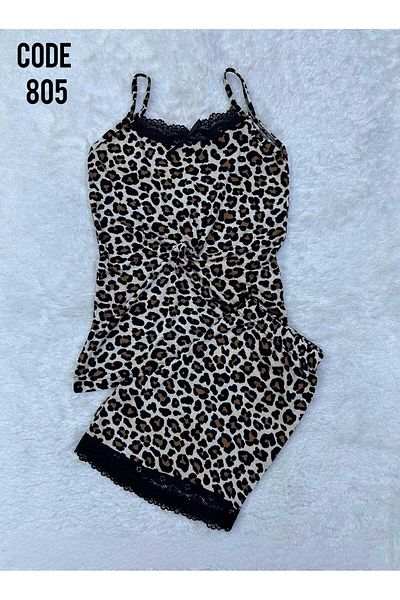 XORVİO Women's Rope Strap Leopard Patterned Modal Shorts Set Lace Detail Stylish Summer Large Size Oversize Pajamas