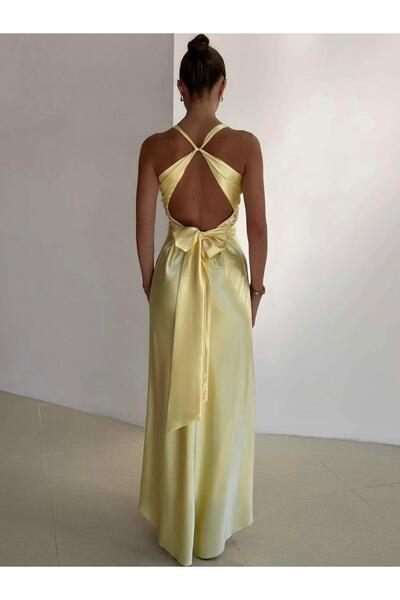 theanemos Saten Kruvaze Yaka Sarı Elbise