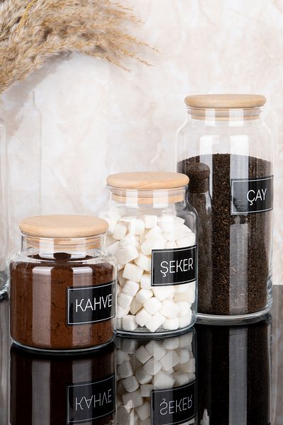 Dolkin Home Set of 3 Wooden Vacuum Lids Tea Sugar Coffee 3 Sizes Glass Jars with Labels 1300Ml-800Ml-500Ml