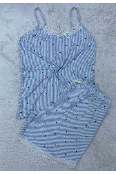 XORVİO Women's Rope Strap Heart Patterned Modal Shorts Set Lace Detailed Stylish Summer Large Size Oversize Pajamas