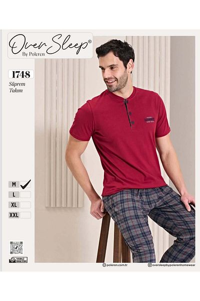 Over Sleep by Poleren Burgundy Color Crew Neck Three Button Short Sleeve Men's Pajama Set