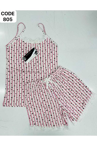 XORVİO Women's Rope Strap Heart Patterned Modal Shorts Set Lace Detailed Stylish Summer Large Size Oversize Pajamas