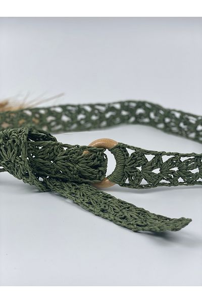 PACHİRA Khaki Paper String Straw Belt - 115 Cm