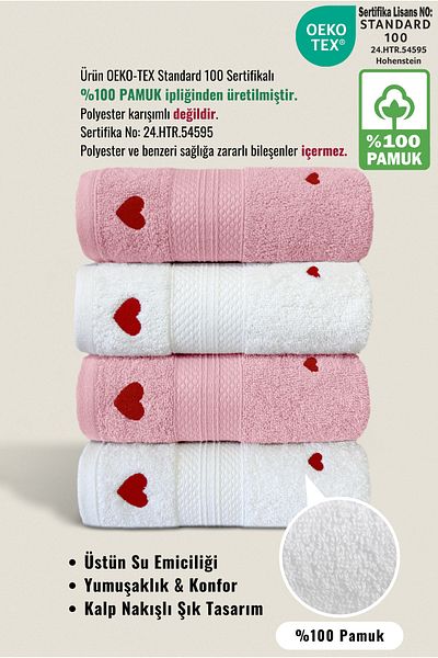 Ellaline Σετ πετσετών Luv 4 τεμαχίων 100% βαμβάκι με πιστοποίηση, κέντημα καρδιάς πετσέτα κουζίνας προσώπου 50x80cm Model1