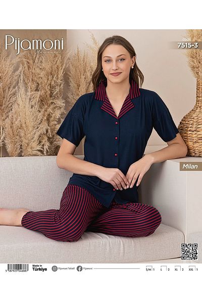 Pijamoni Bamboo Milan Fabric Navy Blue Color Short Sleeve Shirt Collar Women's Pajamas Set
