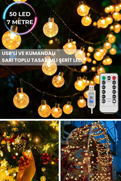 TechnoSmart 50 Ledli Usbli Kumandalı 8 Modlu Kristal Toplu Işık Parti Süsleme Organizasyon Sarı Işık