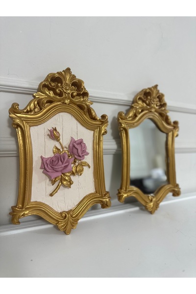 busraconcept Özel tasarım vintage tarzı ayna ve gül tablo 2li set 40 cm