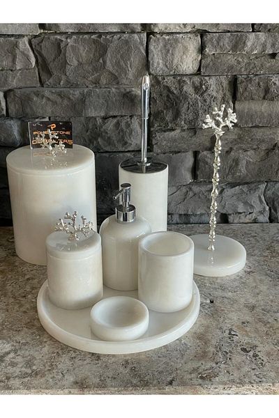 Polen Stone White Marble 8-Piece Bathroom Set with Silver Coral Accessories