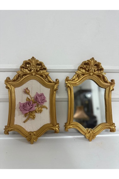 busraconcept Özel tasarım vintage tarzı ayna ve gül tablo 2li set 40 cm