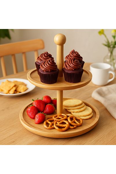Lili home Two Tier Bamboo Presentation Rack - Cookie Rack Treat Breakfast Presentation Rack - 2 Tier Bamboo Presentation Rack Round
