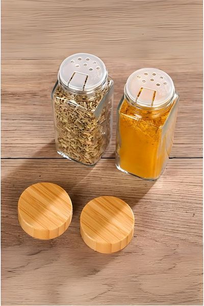 Seyese 2-Pack Glass Spice Rack with Bamboo Lid, Glass Spice Rack with Bamboo Lid, Salt Shaker Pepper Shaker