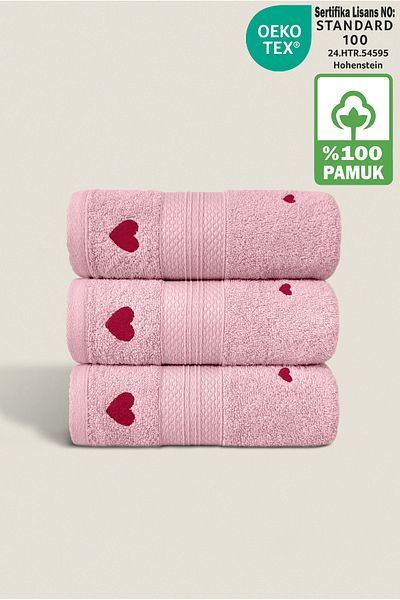 Ellaline Σετ πετσετών LUV 3 τεμαχίων - 100% βαμβάκι, πιστοποιημένο, πετσέτα κουζίνας με κέντημα καρδιάς, 50x80cm