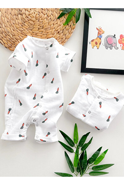 Baby Buu Havuç desen boydan çıtçıtlı yazlık müslin tulum -Rahat ve Kaliteli