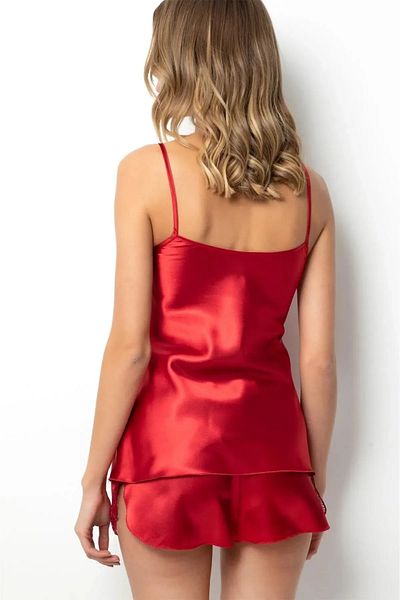 femmefinesse Flame Red Women's Laced Satin Shorts Suit