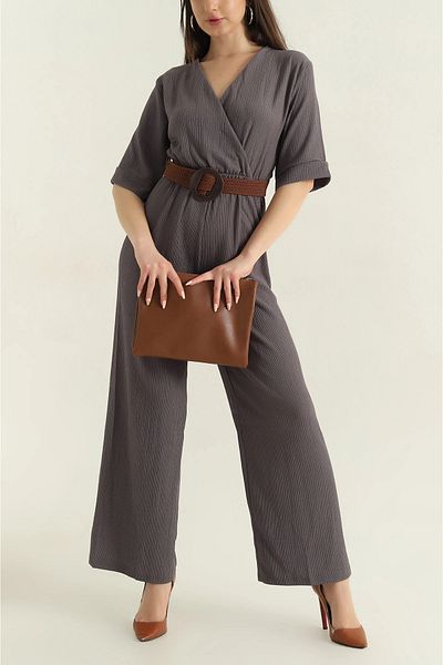 vuvutasarım New Season Anthracite Belted Elastic Waist Wrapped Women's Jumpsuit