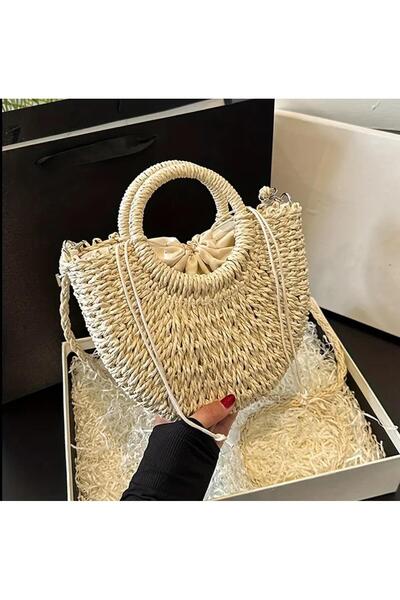Tudivanyu Aksesuar Straw Woven Drawstring Closure Detailed Lined Vintage Bag Accessory